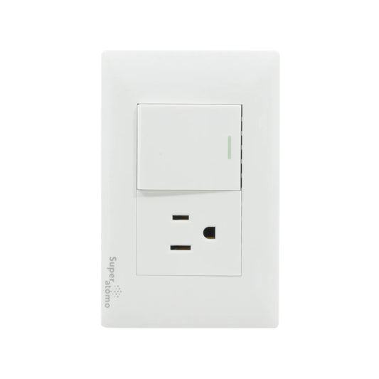 Placa eléctrica blanca Super átomo con 1 apagador de luz y 1 contacto de corriente.