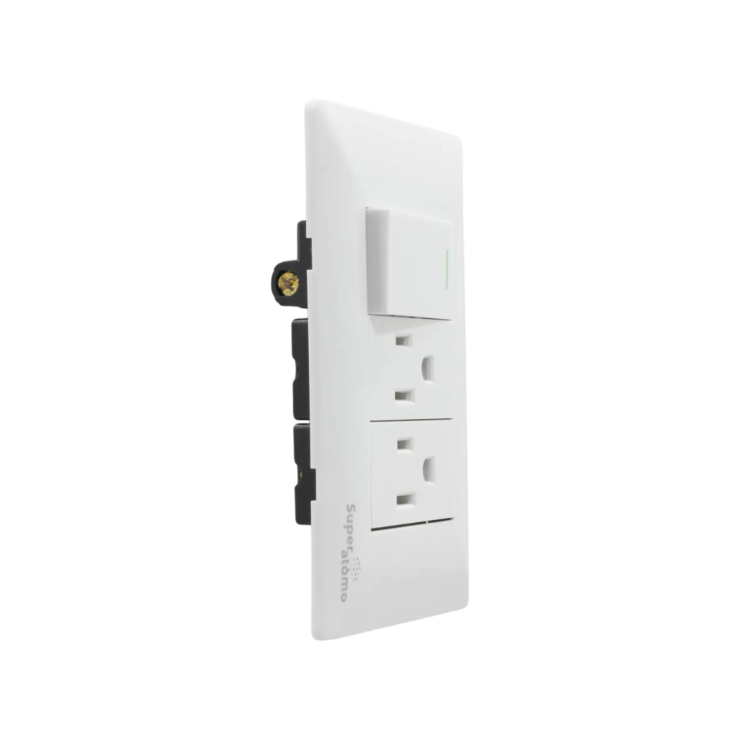 Placa eléctrica blanca Super átomo con 1 apagador de luz tipo rocker y 2 contactos eléctricos polarizados.