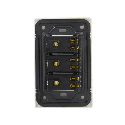 Placa eléctrica blanca Super átomo con 3 módulos de contactos, vista trasera, 10A 127V~ 60Hz