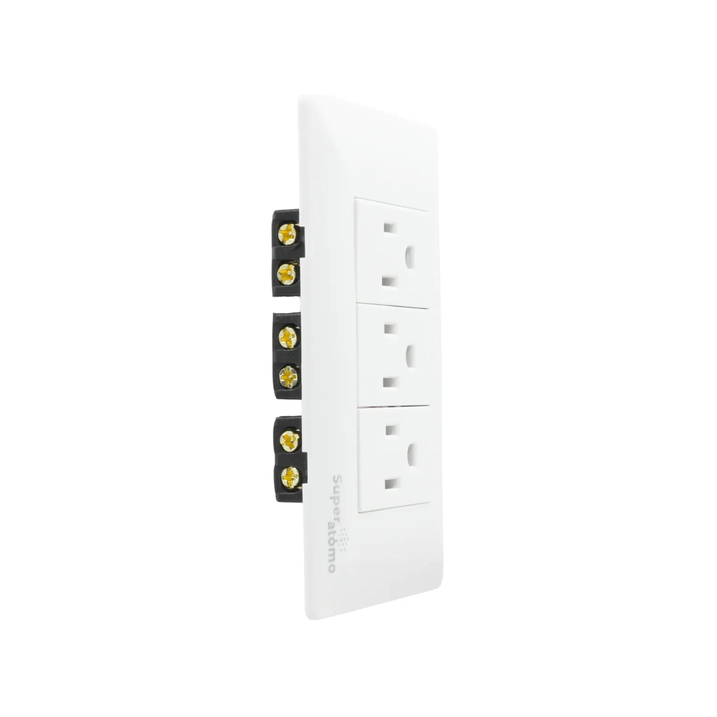 Placa de pared Super átomo blanca con 3 contactos eléctricos polarizados y terminales de conexión visibles