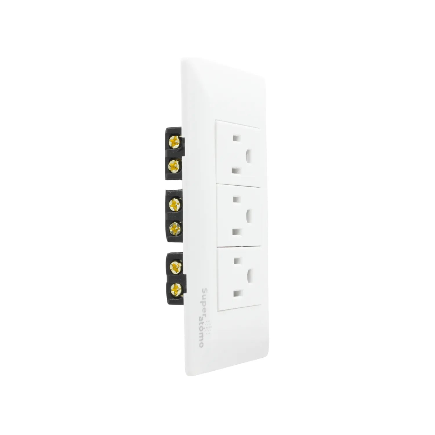 Placa de pared Super átomo blanca con 3 contactos eléctricos polarizados y terminales de conexión visibles