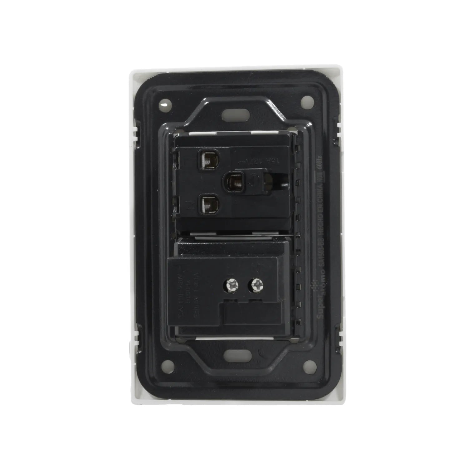 Placa de pared blanca Super átomo SA1503-BB con 1 contacto eléctrico y puertos cargadores USB-A y USB-C.