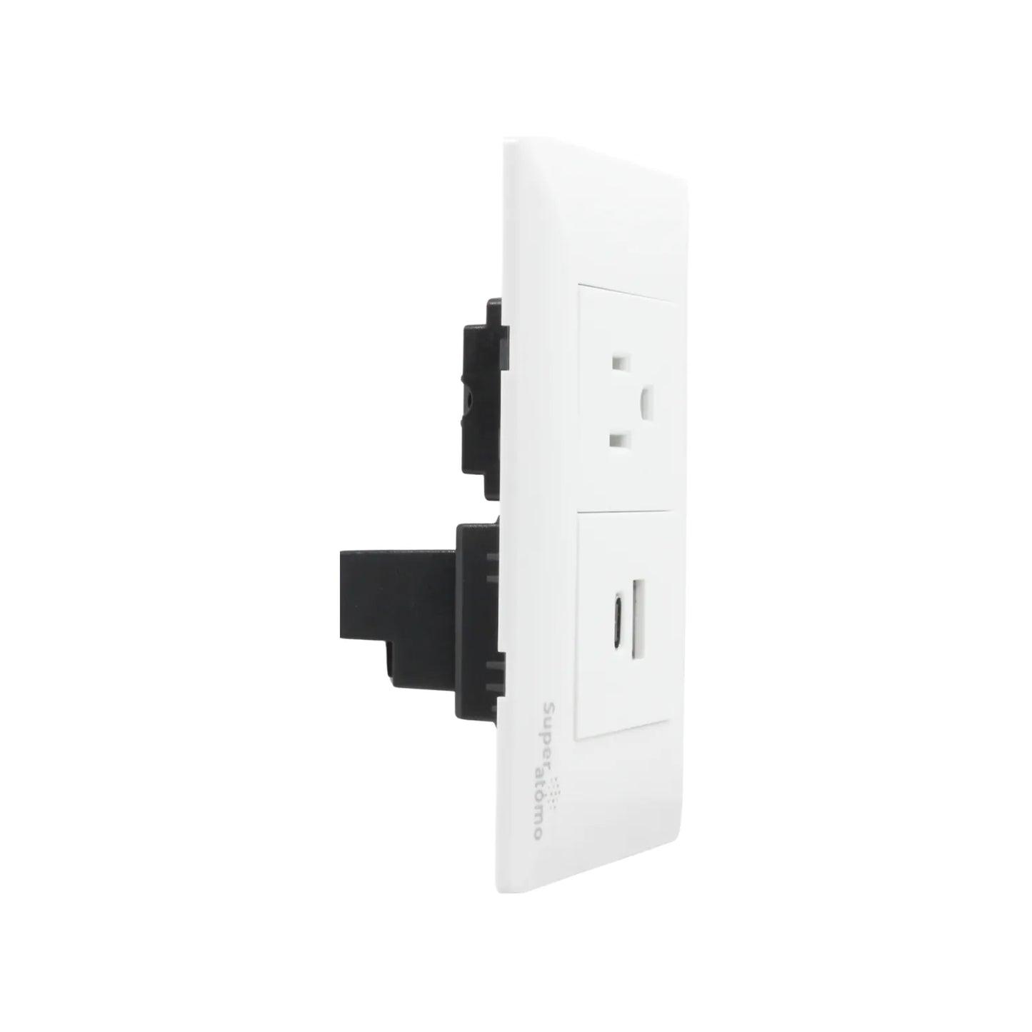 Placa eléctrica Super átomo blanca con 1 contacto AC y 1 puerto USB Tipo C para pared, ideal carga dispositivos.