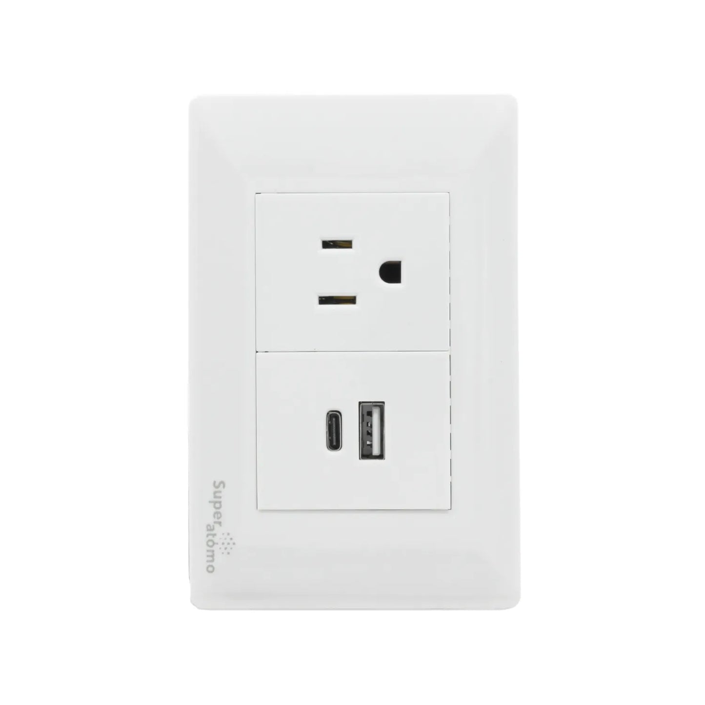 Placa de pared blanca Super átomo con toma de corriente, puerto USB-A y USB-C para cargar dispositivos electrónicos