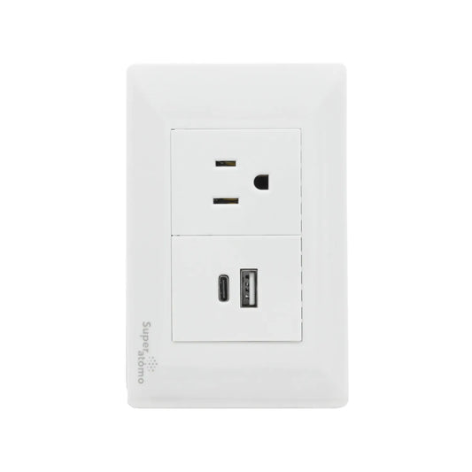 Placa de pared blanca Super átomo con toma de corriente, puerto USB-A y USB-C para cargar dispositivos electrónicos
