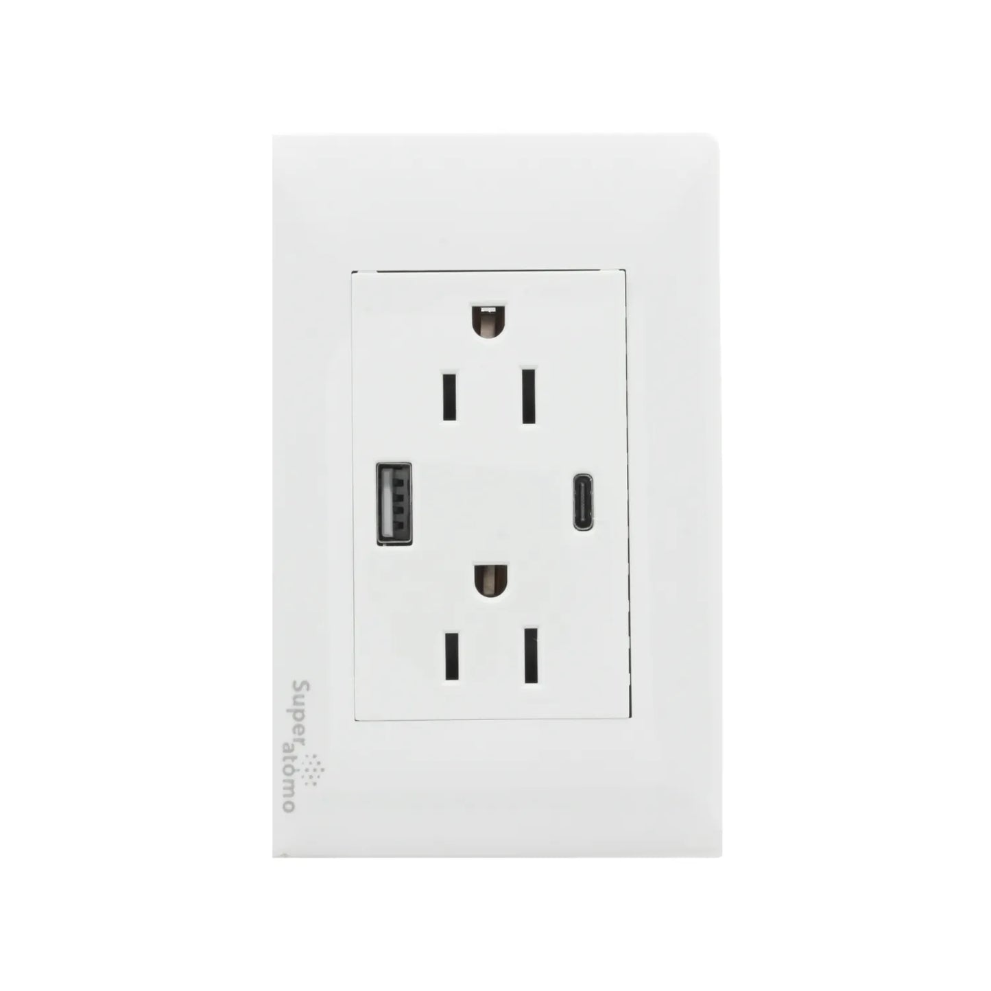 Placa eléctrica blanca Super átomo con 2 tomas de corriente, puerto USB-A y USB-C para pared