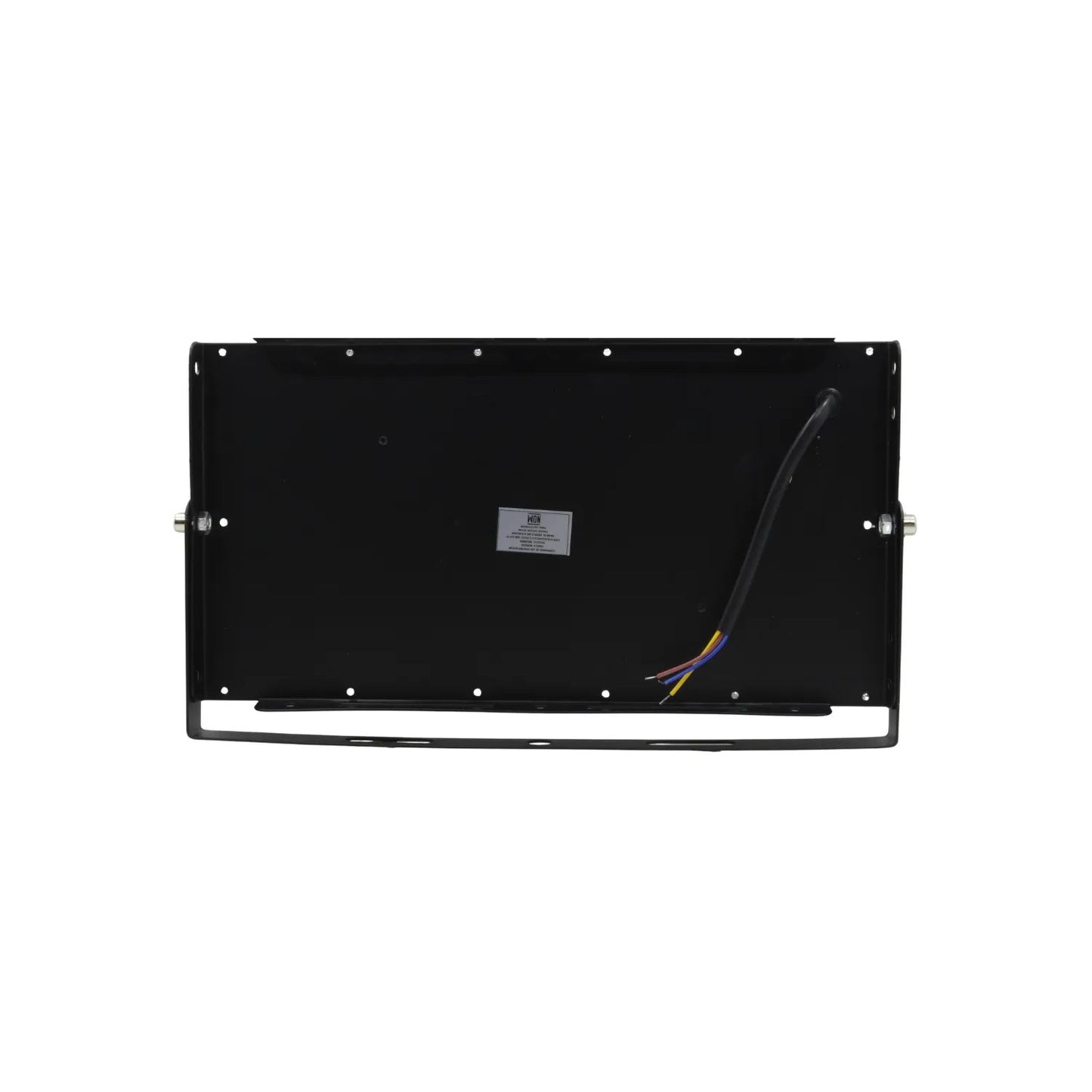 Reflector LED negro vista trasera con soporte de montaje en U y cableado expuesto para instalación eléctrica