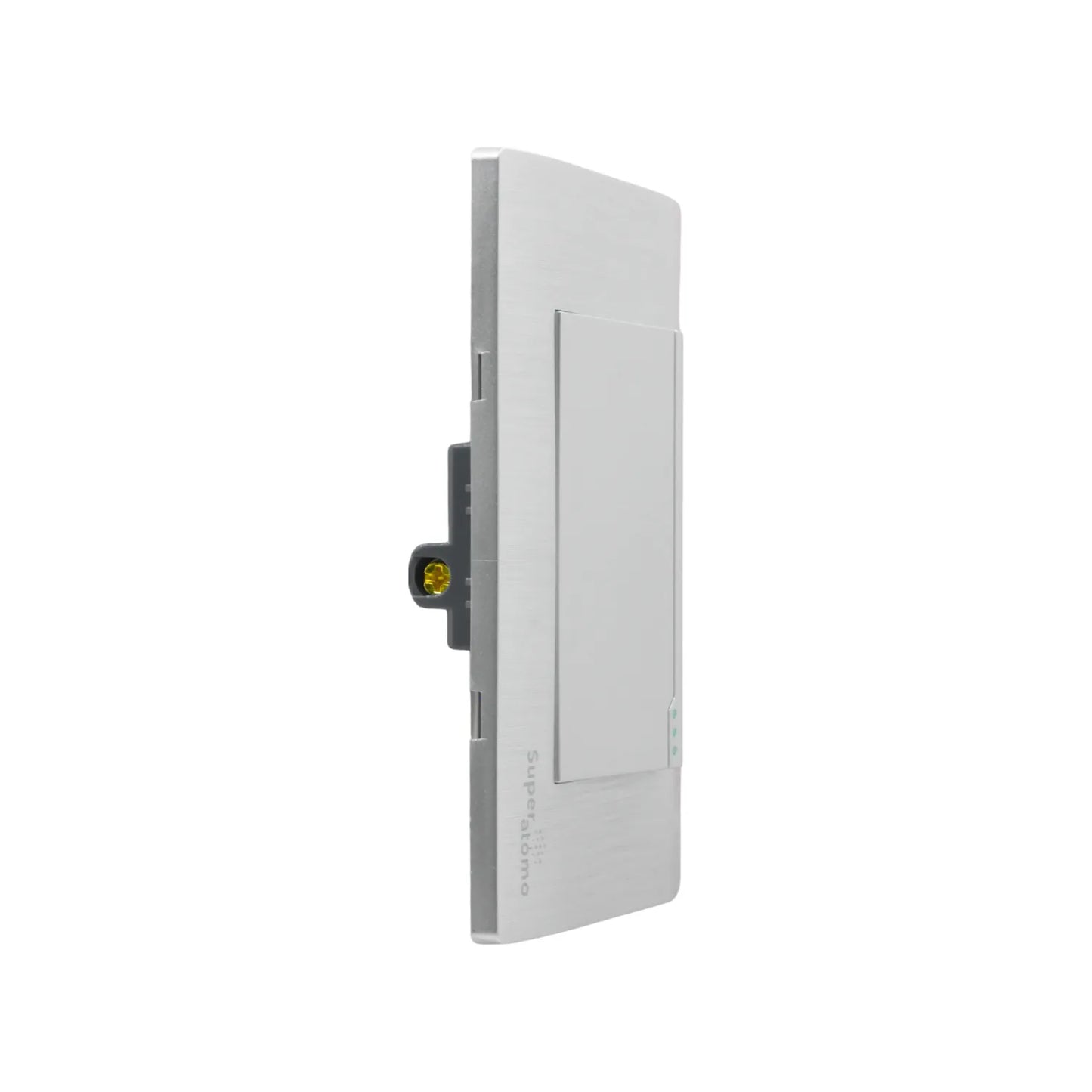 Placa de apagador Super átomo con 1 interruptor escalera, acabado metálico gris, diseño moderno para pared.