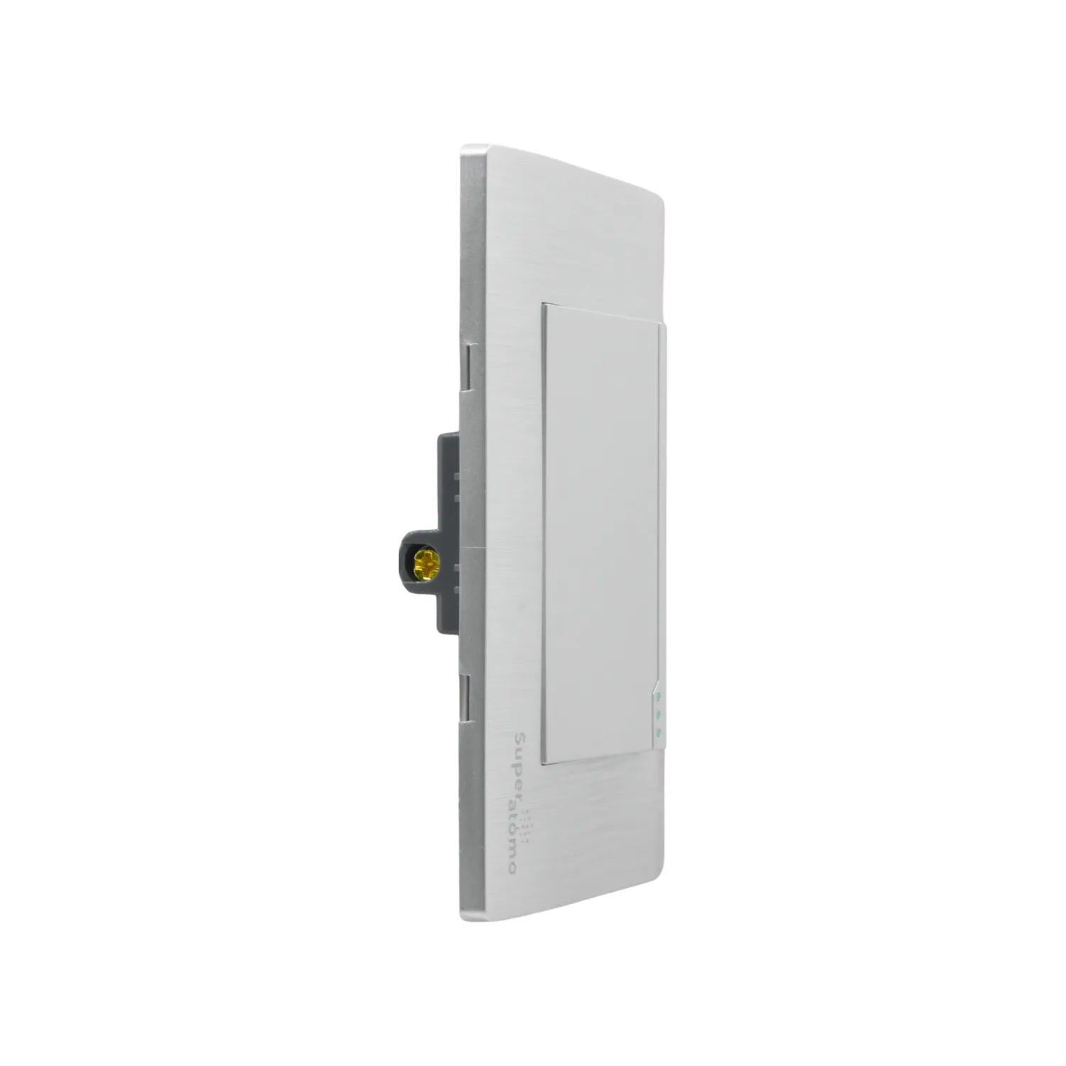 Placa de apagador Super átomo con 1 interruptor escalera, acabado metálico gris, diseño moderno para pared.