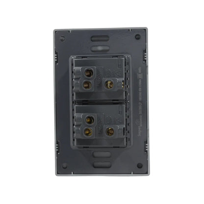 Placa de 2 apagadores de escalera Super átomo gris SA1305-LP, vista trasera con terminales eléctricos 16A 250V