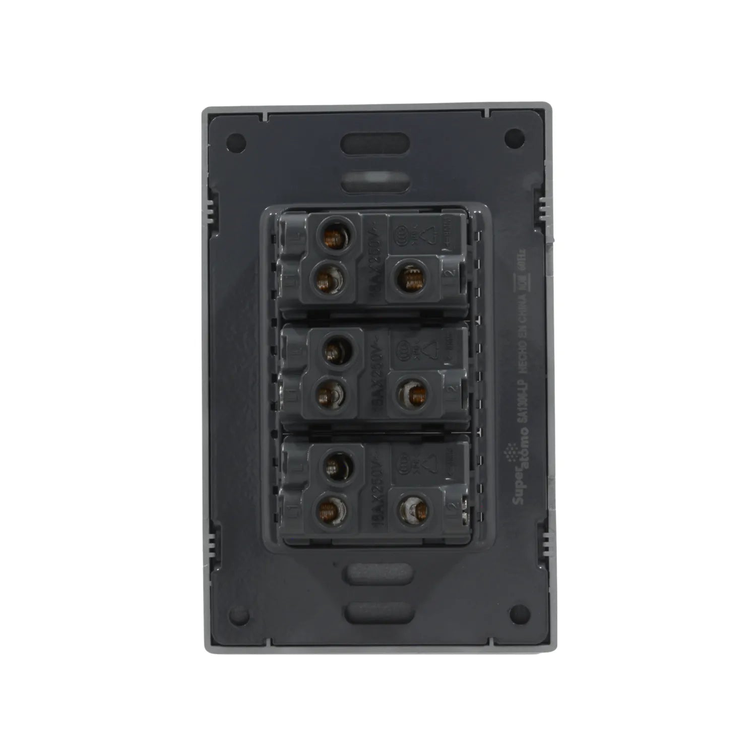 Placa Super átomo SA1306-LP con 3 apagadores de escalera gris oscuro, 16A 250V, vista trasera.