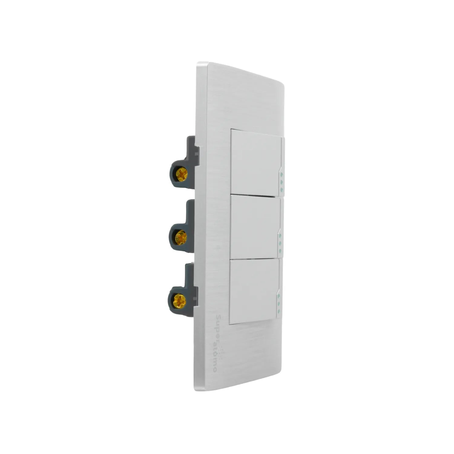 Placa de 3 apagadores Super átomo blancos con acabado cepillado para instalación eléctrica.