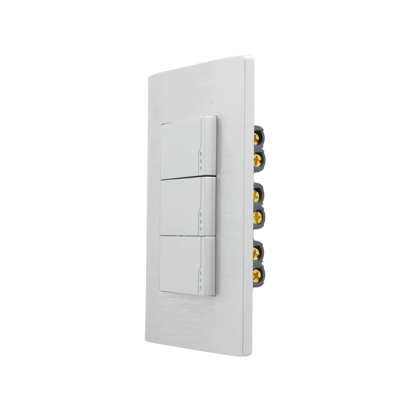Placa triple de interruptores de 3 vías para escalera, acabado metálico plata cepillado con teclas blancas y luces.