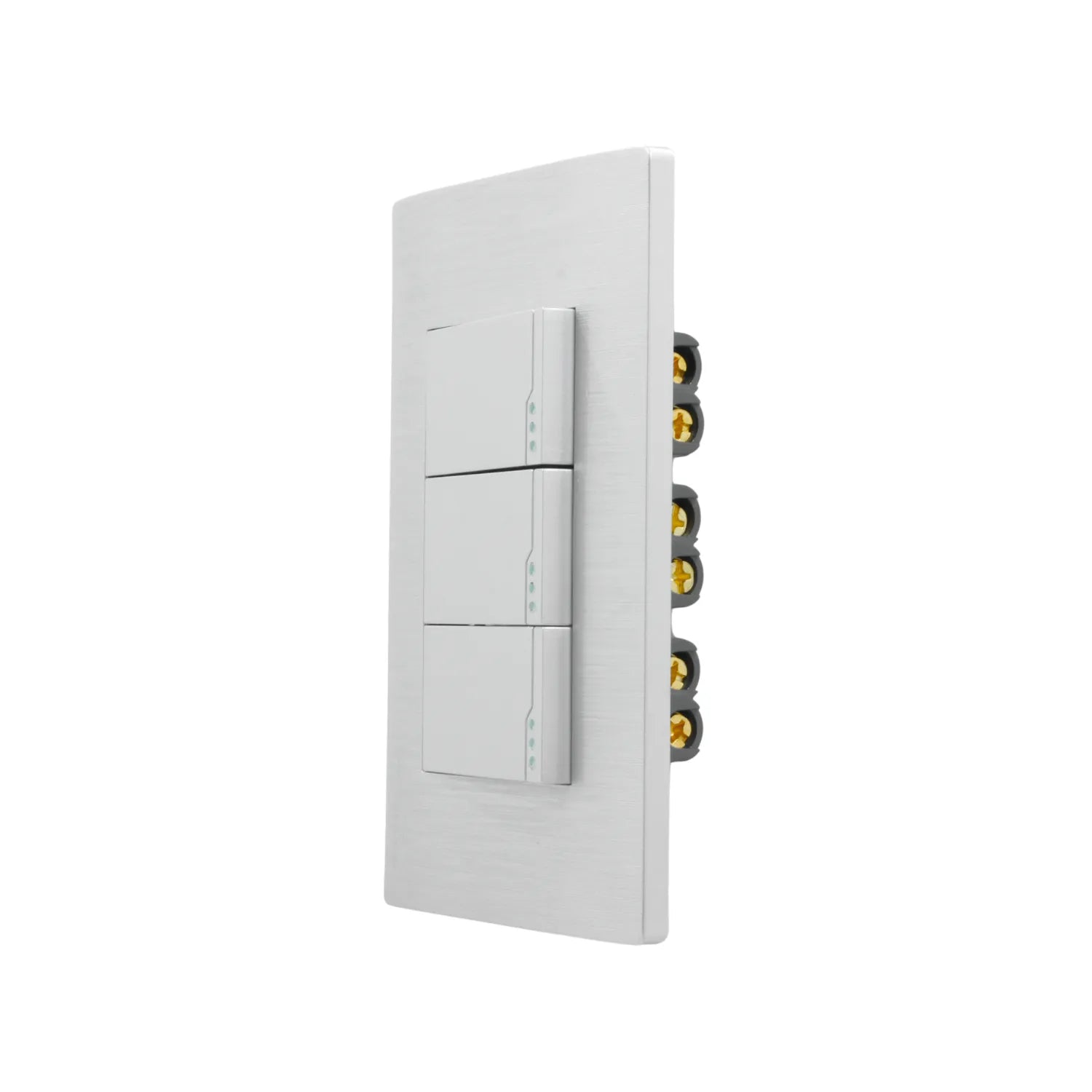 Placa triple de interruptores de 3 vías para escalera, acabado metálico plata cepillado con teclas blancas y luces.