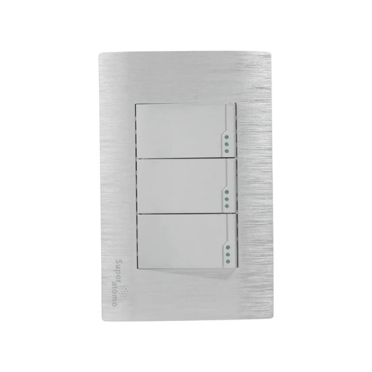 Placa de 3 apagadores de pared Super átomo, color plata cepillada, con interruptores de luz modernos y LEDs