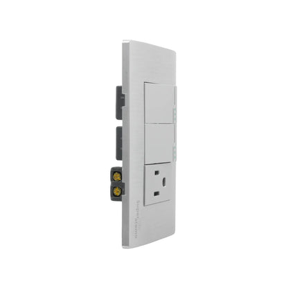 Placa de pared Super átomo con 2 apagadores y 1 contacto, acabado plata cepillada
