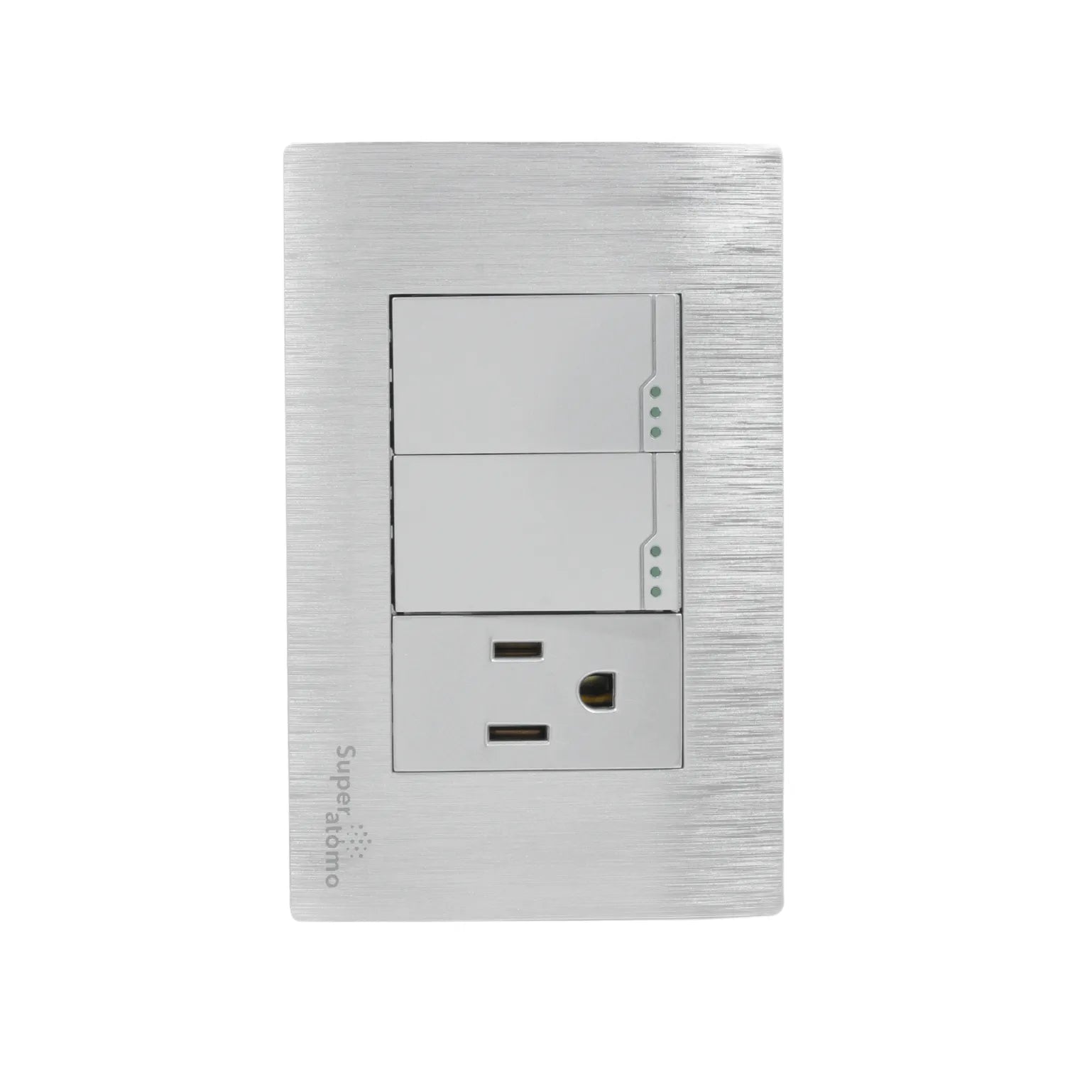 Placa Super átomo de aluminio cepillado con 2 interruptores de luz y 1 tomacorriente con cargador USB