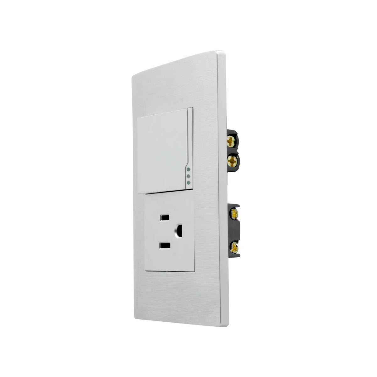 Placa Super átomo con 1 apagador de escalera y 1 contacto eléctrico, acabado metálico cepillado.