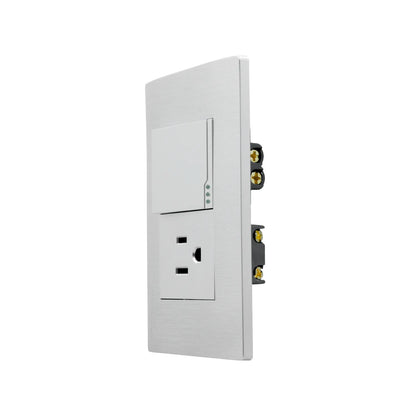Placa Super átomo con 1 apagador de escalera y 1 contacto eléctrico, acabado metálico cepillado.
