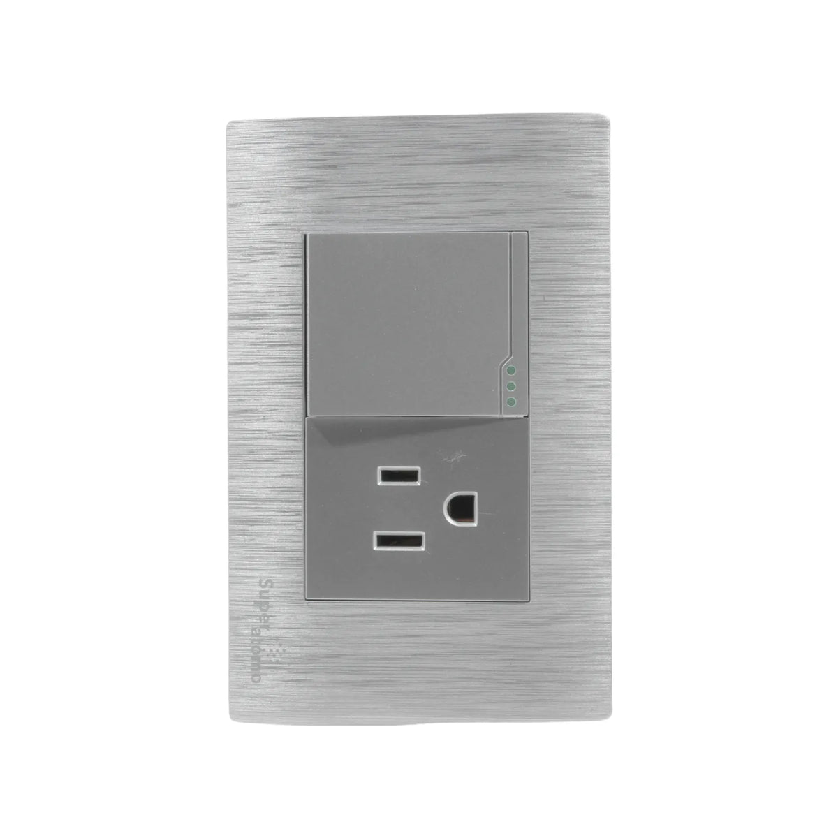 Placa eléctrica Super átomo con 1 apagador de escalera y 1 contacto, acabado plata cepillado.
