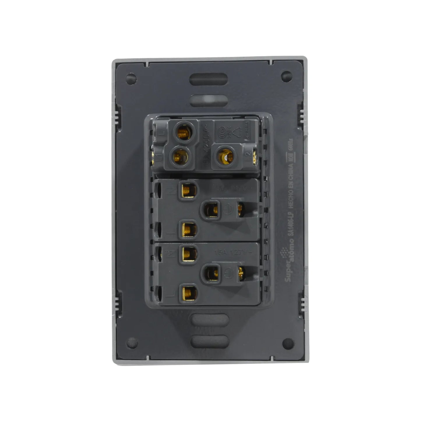 Parte trasera de placa eléctrica Super átomo gris con un módulo 10A 250V y dos contactos 15A 127V