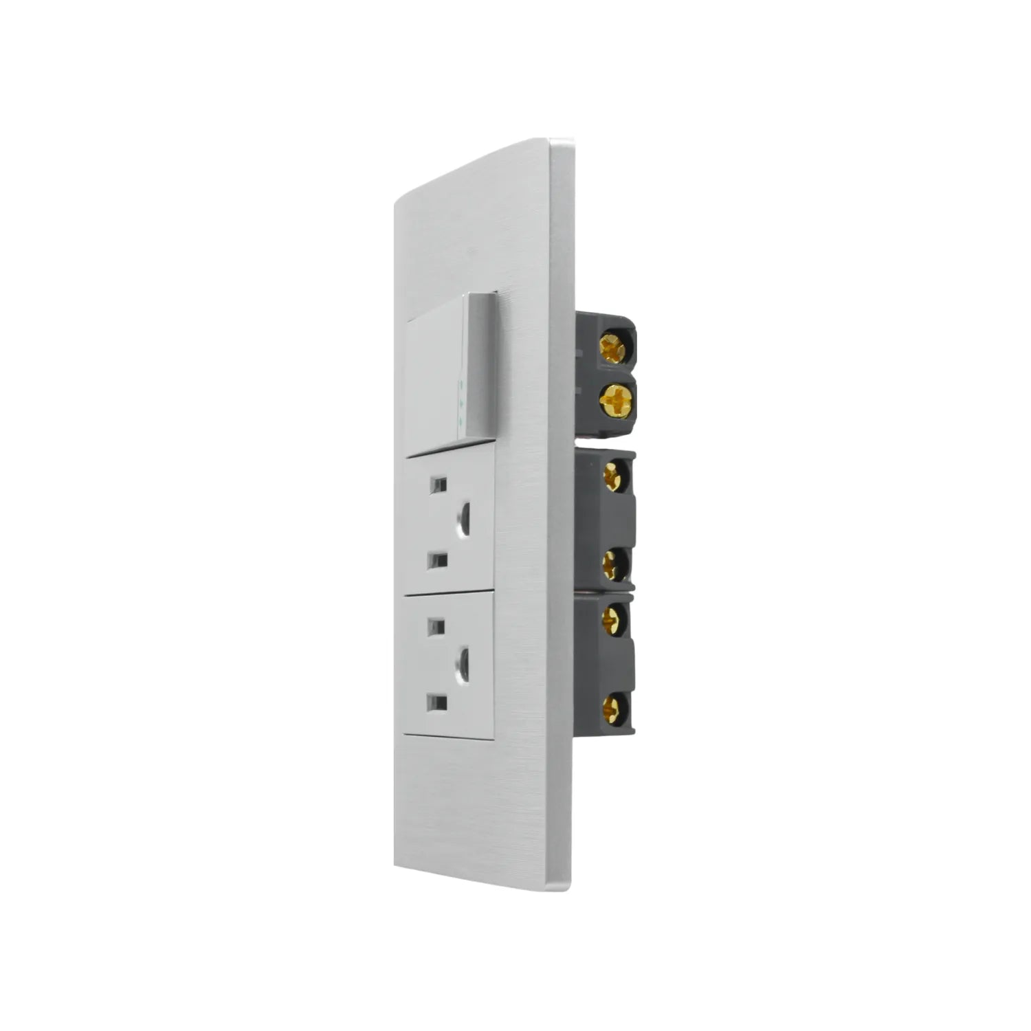 Placa eléctrica de pared gris con 1 interruptor de luz y 2 tomas de corriente, vista lateral con terminales dorados.