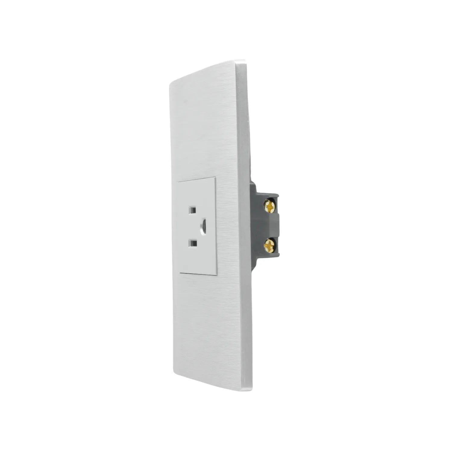 Placa de pared eléctrica con 1 contacto, acabado aluminio cepillado plateado, diseño moderno y minimalista.