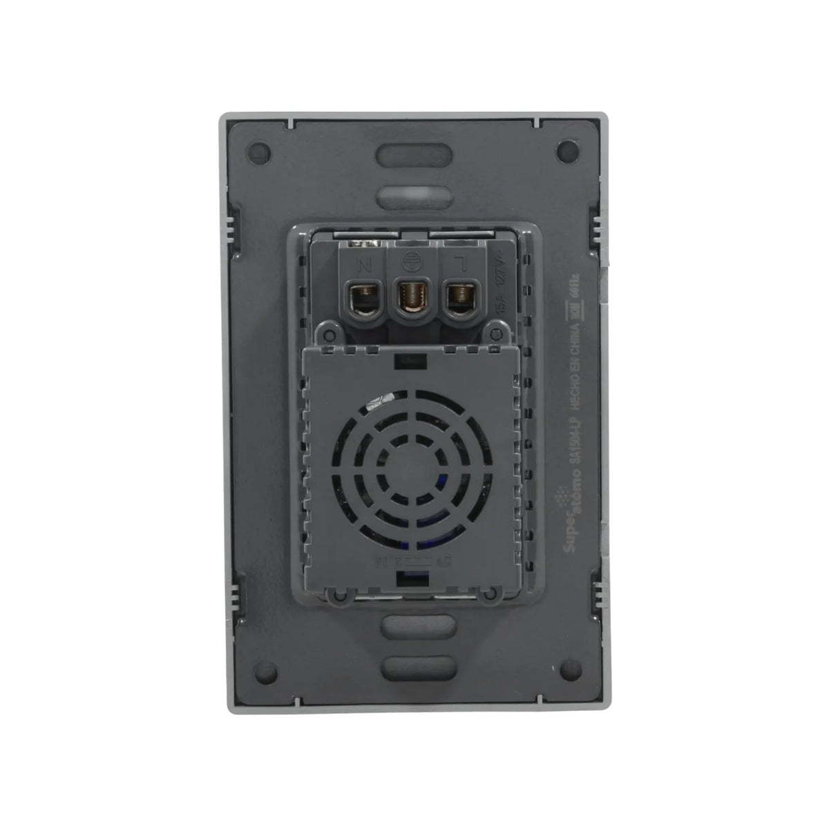 Placa eléctrica gris Super átomo SA1504-LP, vista trasera con conexiones 15A 127V para 2 contactos, USB y Tipo C.