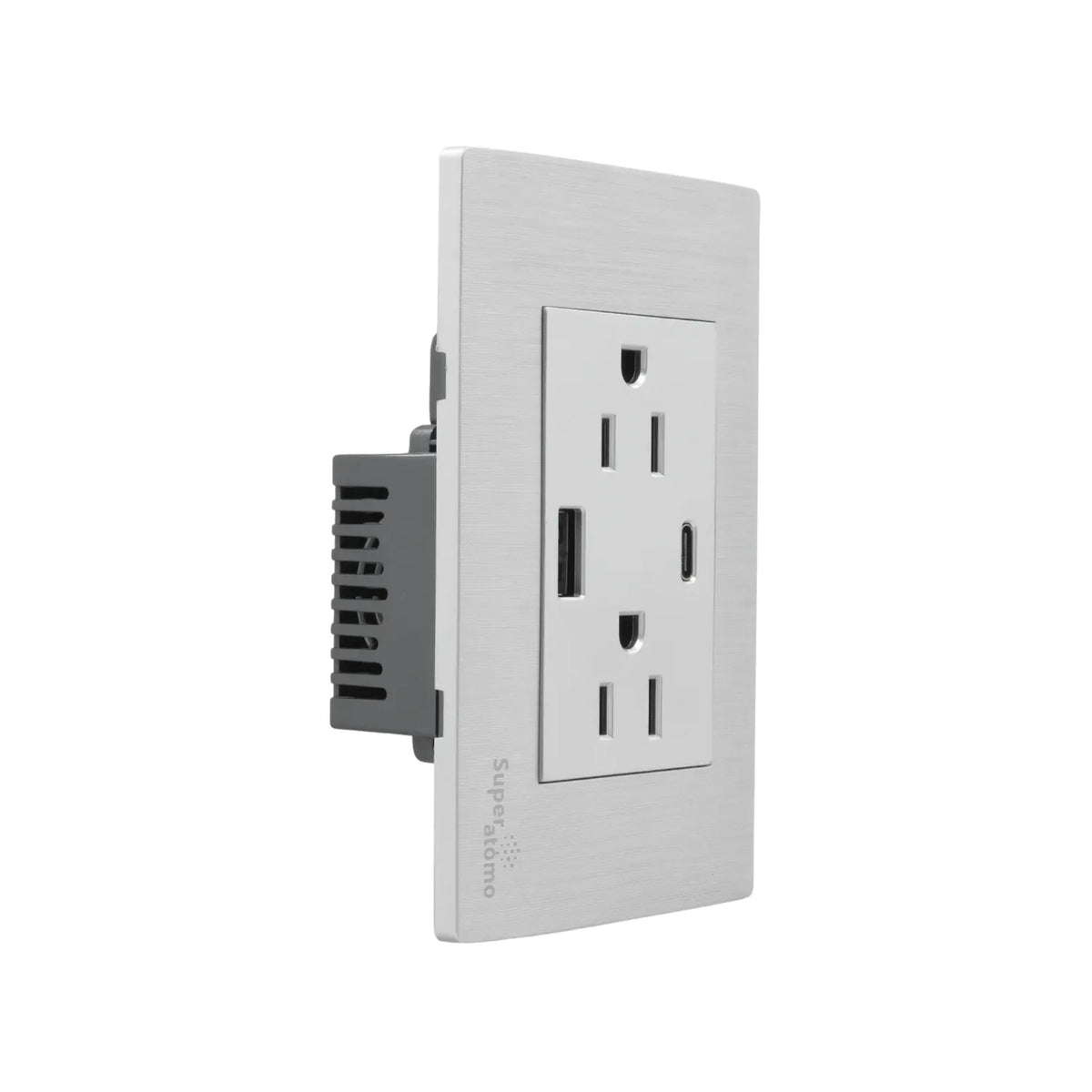 Placa eléctrica Super átomo, 2 tomas de corriente, 1 USB-A y 1 USB-C, acabado cepillado.