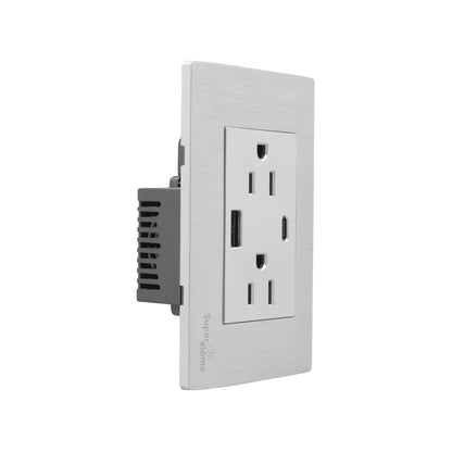 Placa eléctrica Super átomo, 2 tomas de corriente, 1 USB-A y 1 USB-C, acabado cepillado.