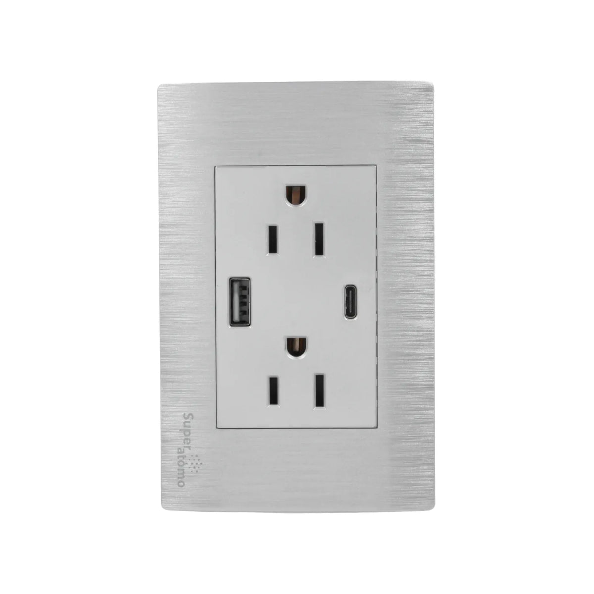 Placa Super átomo de pared color plata con 2 contactos, 1 USB-A y 1 USB-C para cargadores