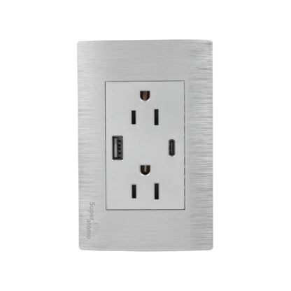 Placa Super átomo de pared color plata con 2 contactos, 1 USB-A y 1 USB-C para cargadores