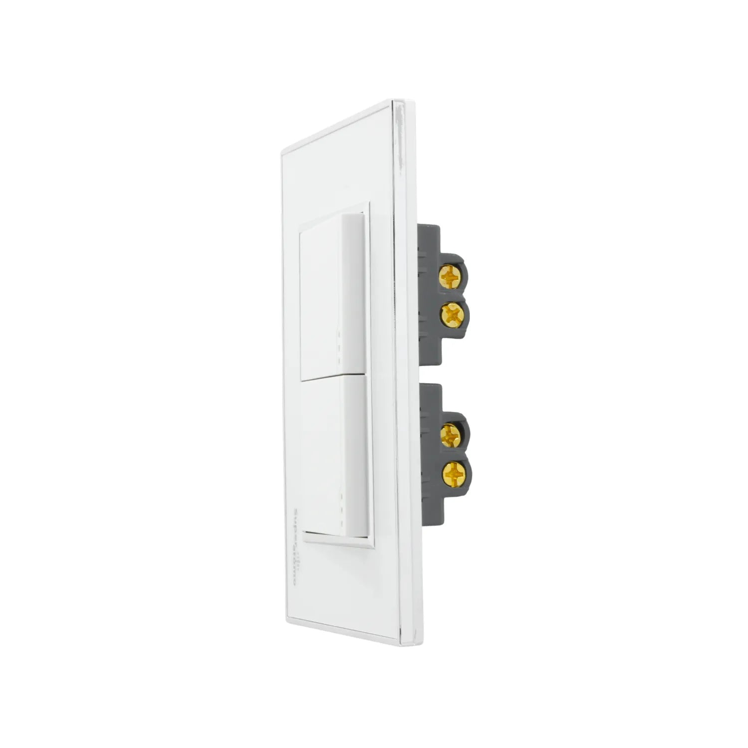 Placa doble de 2 apagadores escalera blanca Super Átomo con terminales eléctricos para instalación.