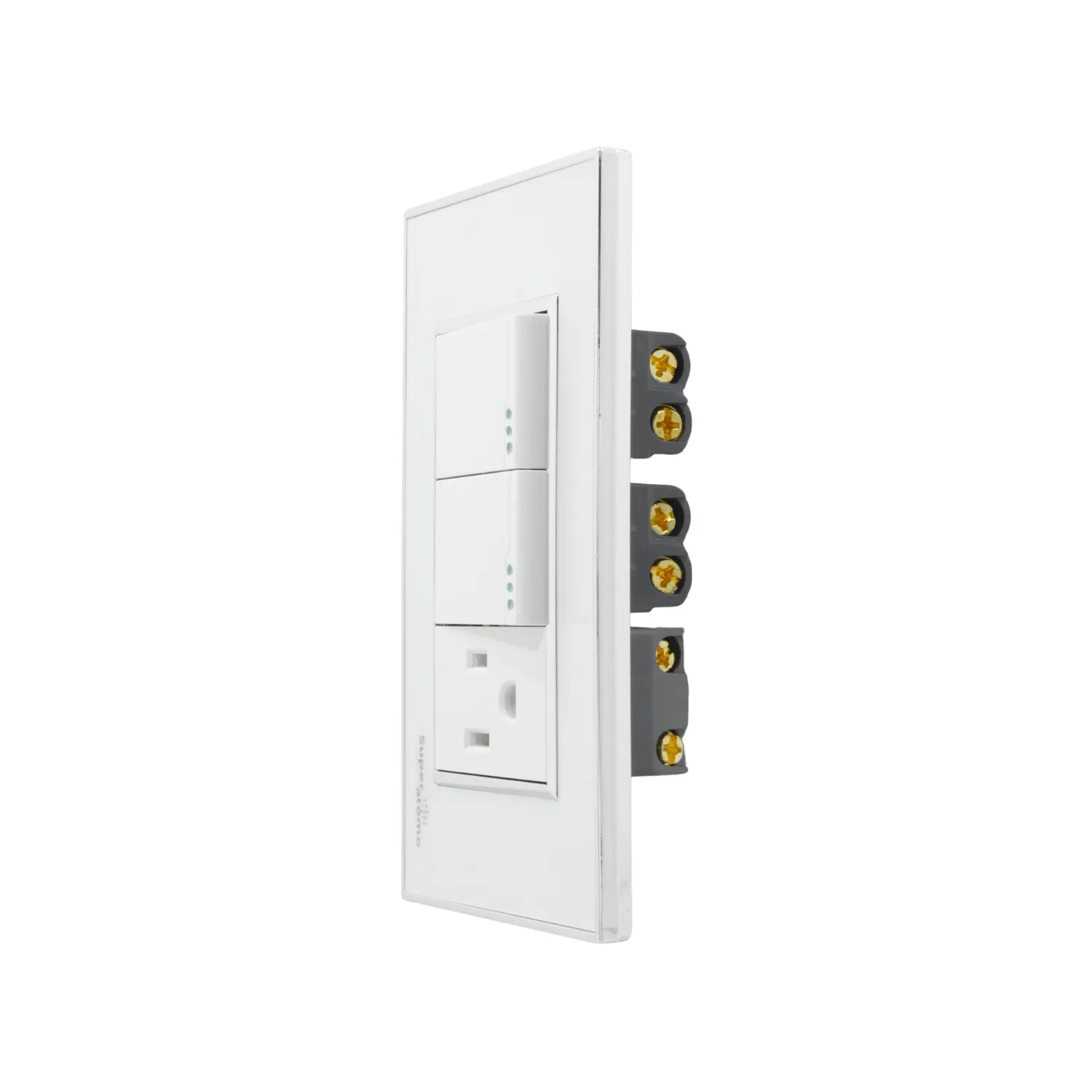 Placa blanca Super átomo con dos apagadores y un contacto eléctrico, para instalación de luz y corriente.