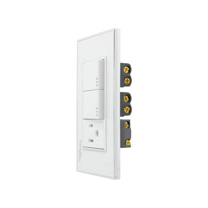 Placa blanca Super átomo con dos apagadores y un contacto eléctrico, para instalación de luz y corriente.