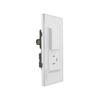 Placa de pared Super átomo blanca con 1 apagador escalera LED y 1 enchufe. Material eléctrico moderno.