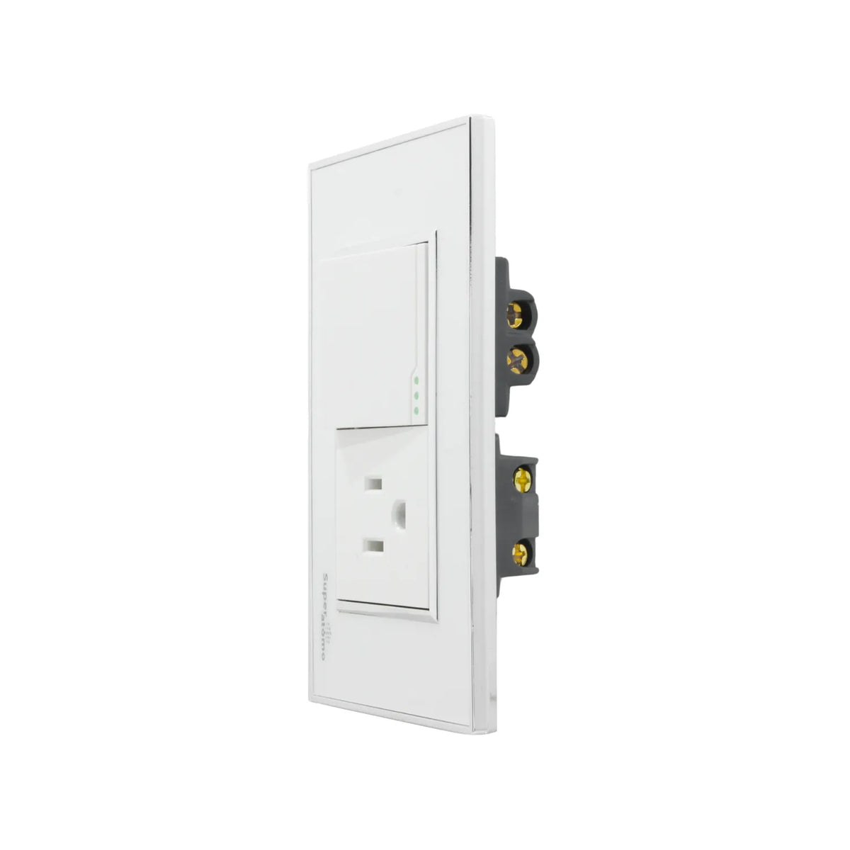 Placa de pared blanca Super átomo con interruptor de luz 3 vías, indicador LED y toma de corriente eléctrica.