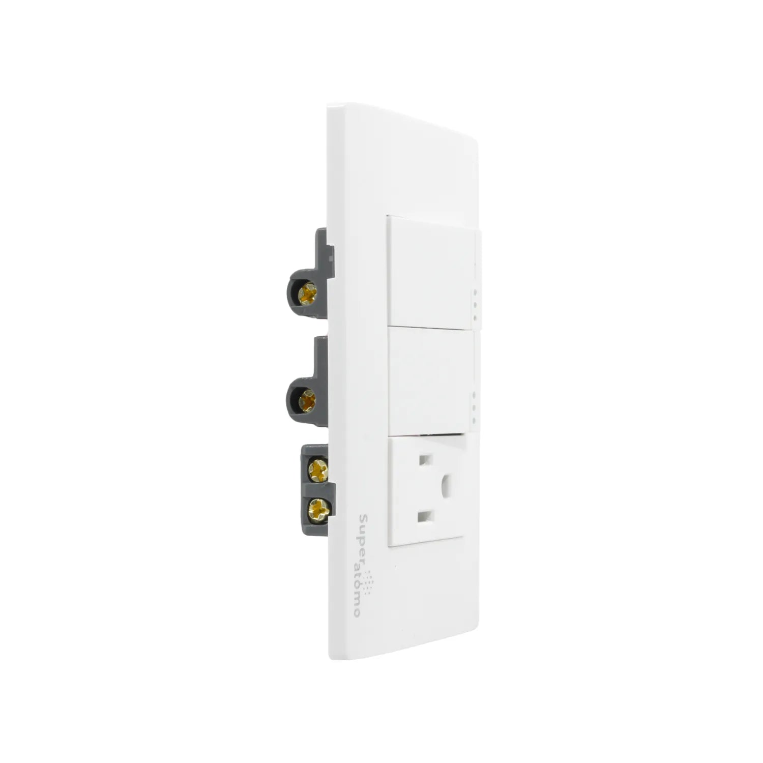 Placa eléctrica blanca Super átomo con 2 interruptores de escalera y 1 toma de corriente polarizada