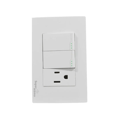 Placa eléctrica blanca Super átomo con dos apagadores de luz y un contacto duplex polarizado