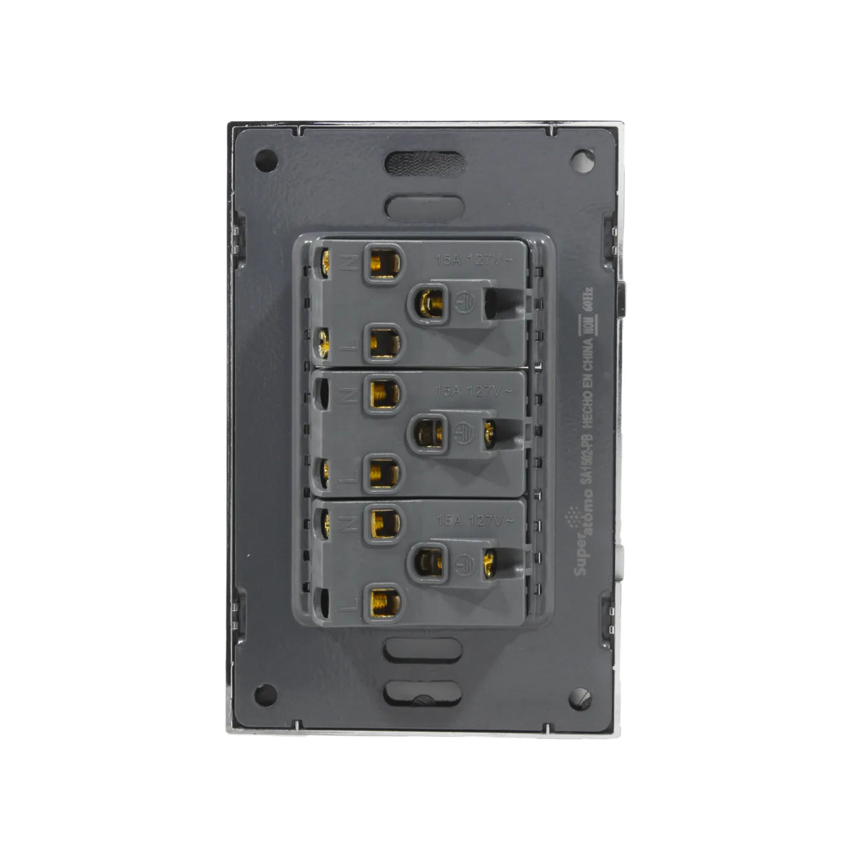 Placa eléctrica Super átomo 3 tomacorrientes 15A 127V, receptáculo triple de pared, acabado metálico. Ferretería.