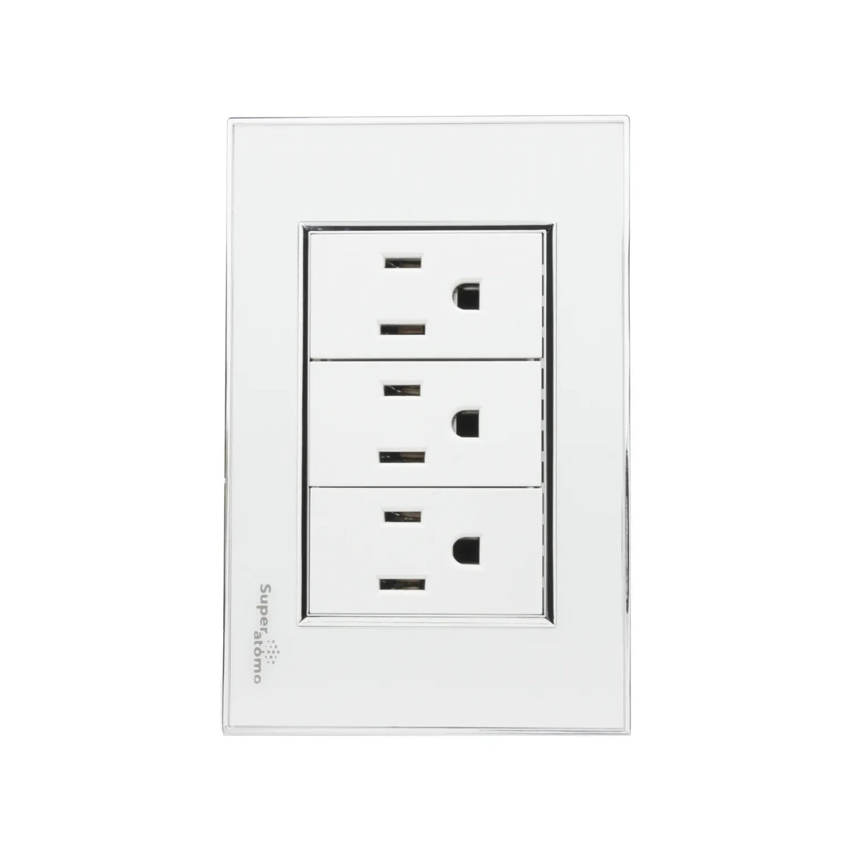 Placa Super átomo blanca de 3 contactos, tomacorriente polarizado para instalación eléctrica.