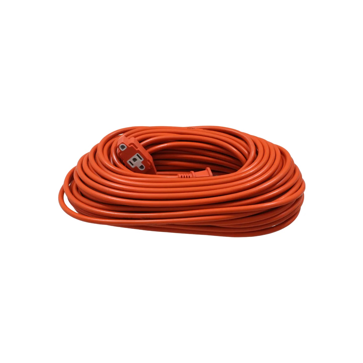 Cable de extensión naranja enrollado con tomas de corriente, ideal para uso interior y exterior