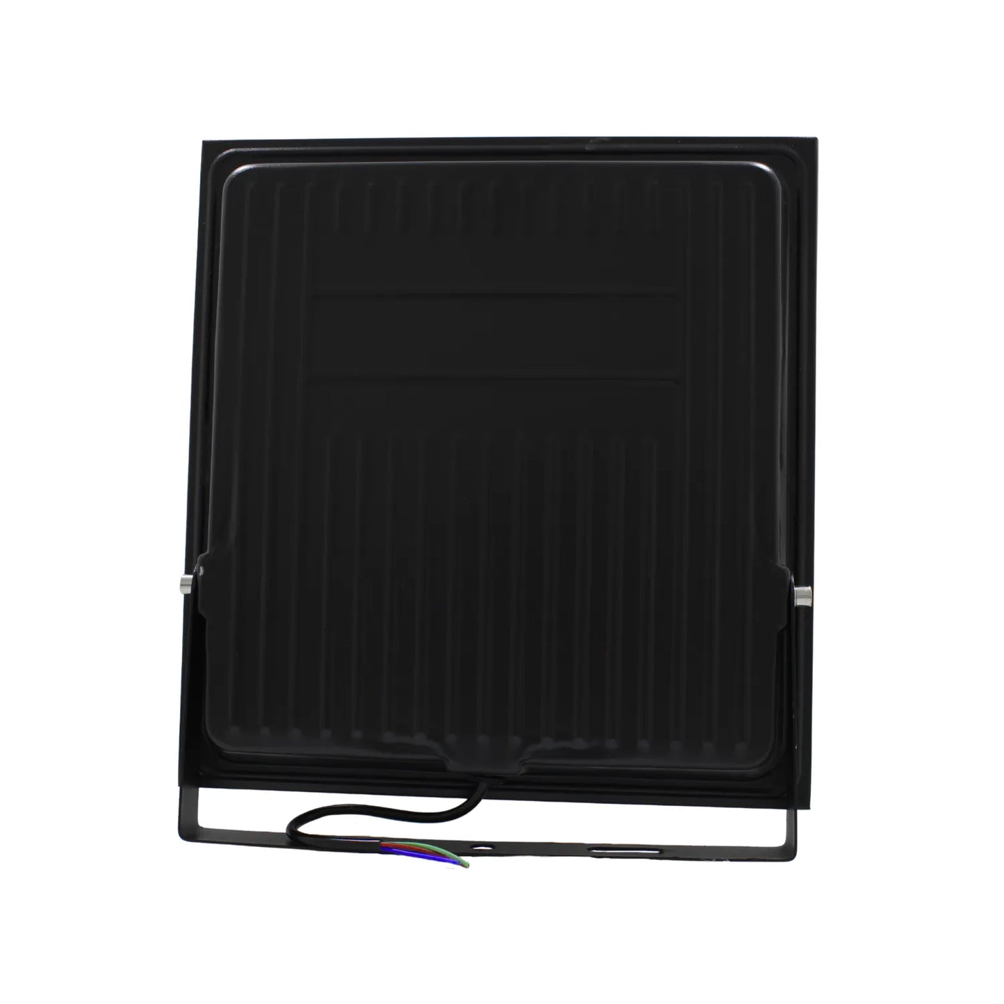 Foco LED exterior negro con disipador de calor integrado, soporte ajustable y cable de conexión de tres hilos.