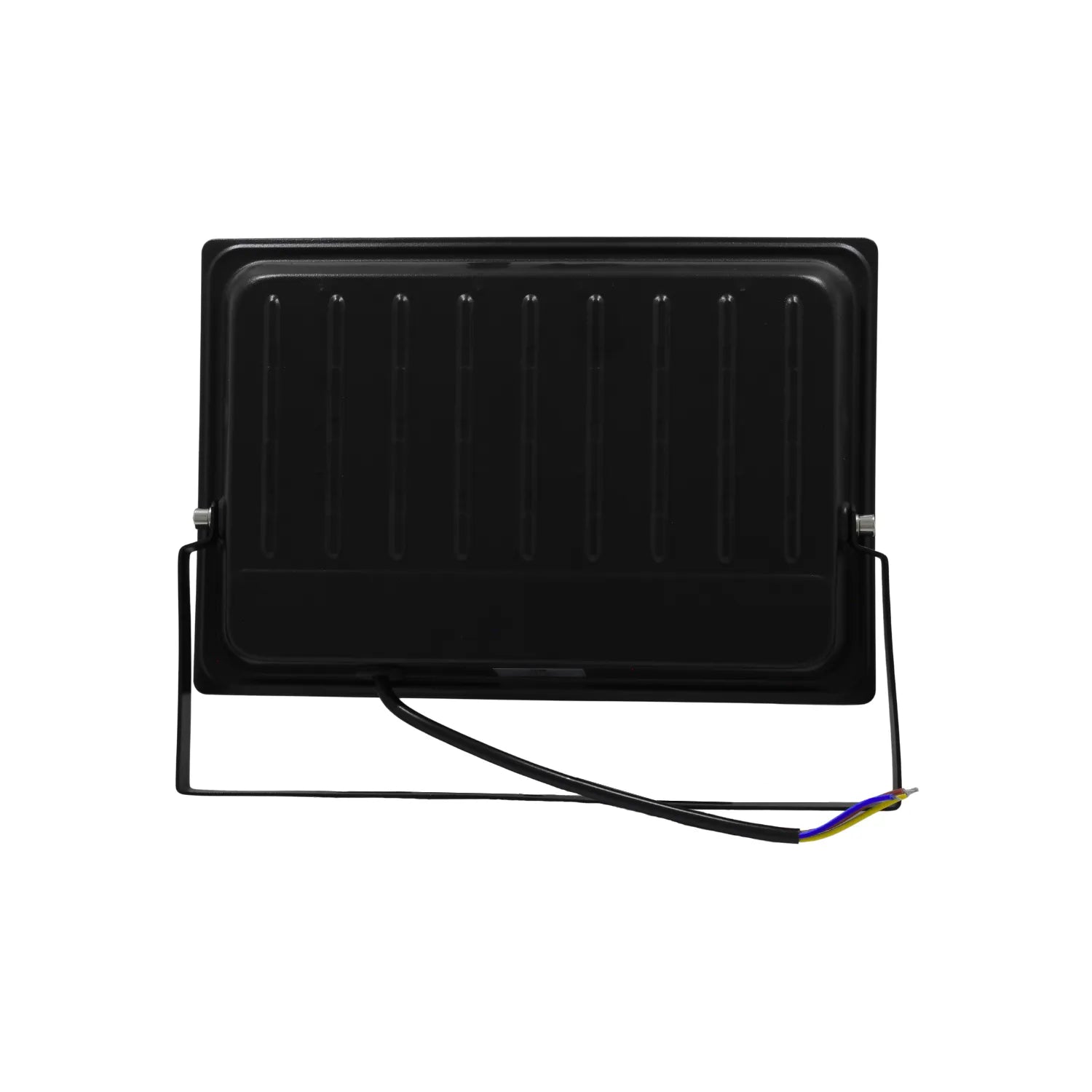 Reflector LED negro para exterior vista trasera con soporte ajustable y cable de conexión eléctrica