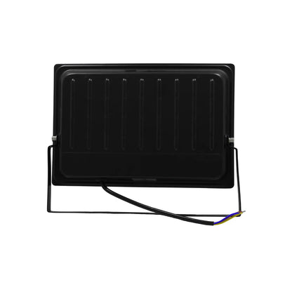 Reflector LED negro para exterior vista trasera con soporte ajustable y cable de conexión eléctrica