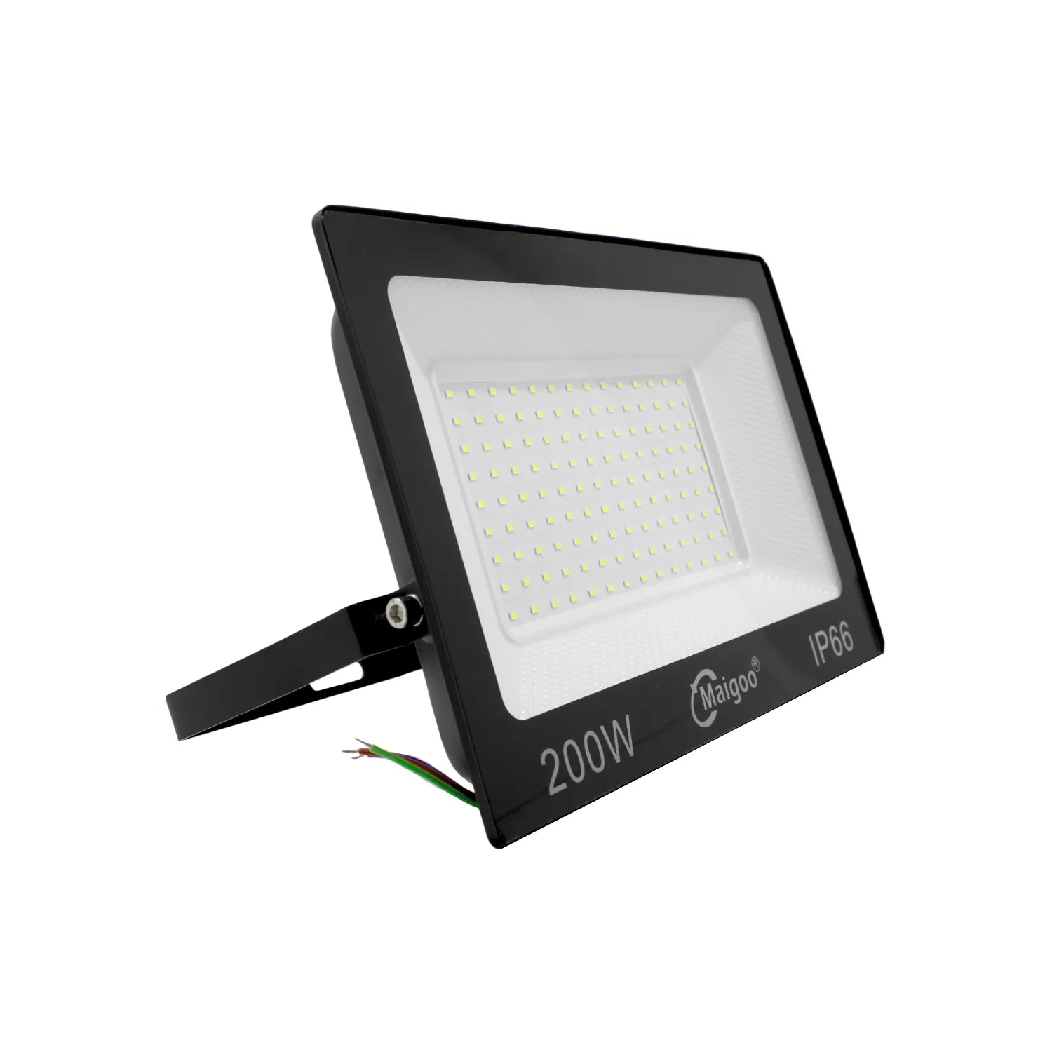Reflector LED 200W Maigoo negro exterior IP66 para iluminación de alta potencia y resistencia a la intemperie.