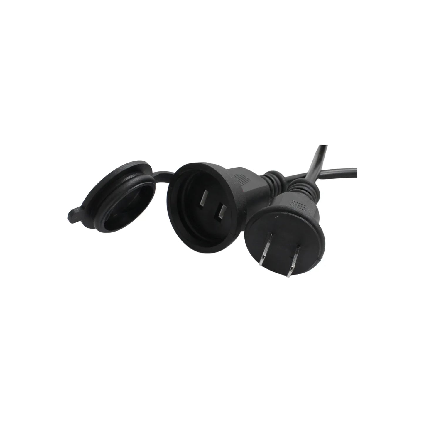 Extensión eléctrica negra con tapa de seguridad impermeable y enchufe de 2 polos para exterior