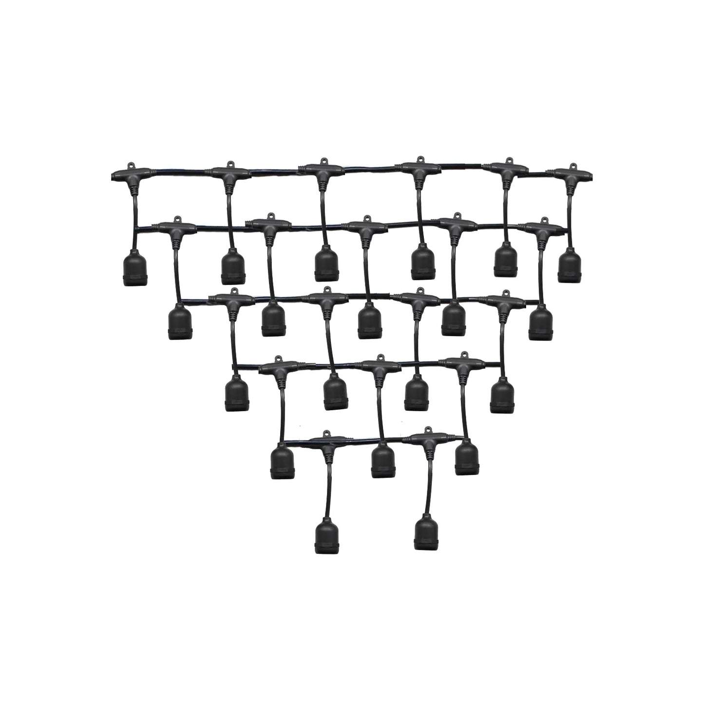 Guirnalda de luces exterior negra con portalámparas colgantes para iluminación decorativa en patios y jardines.