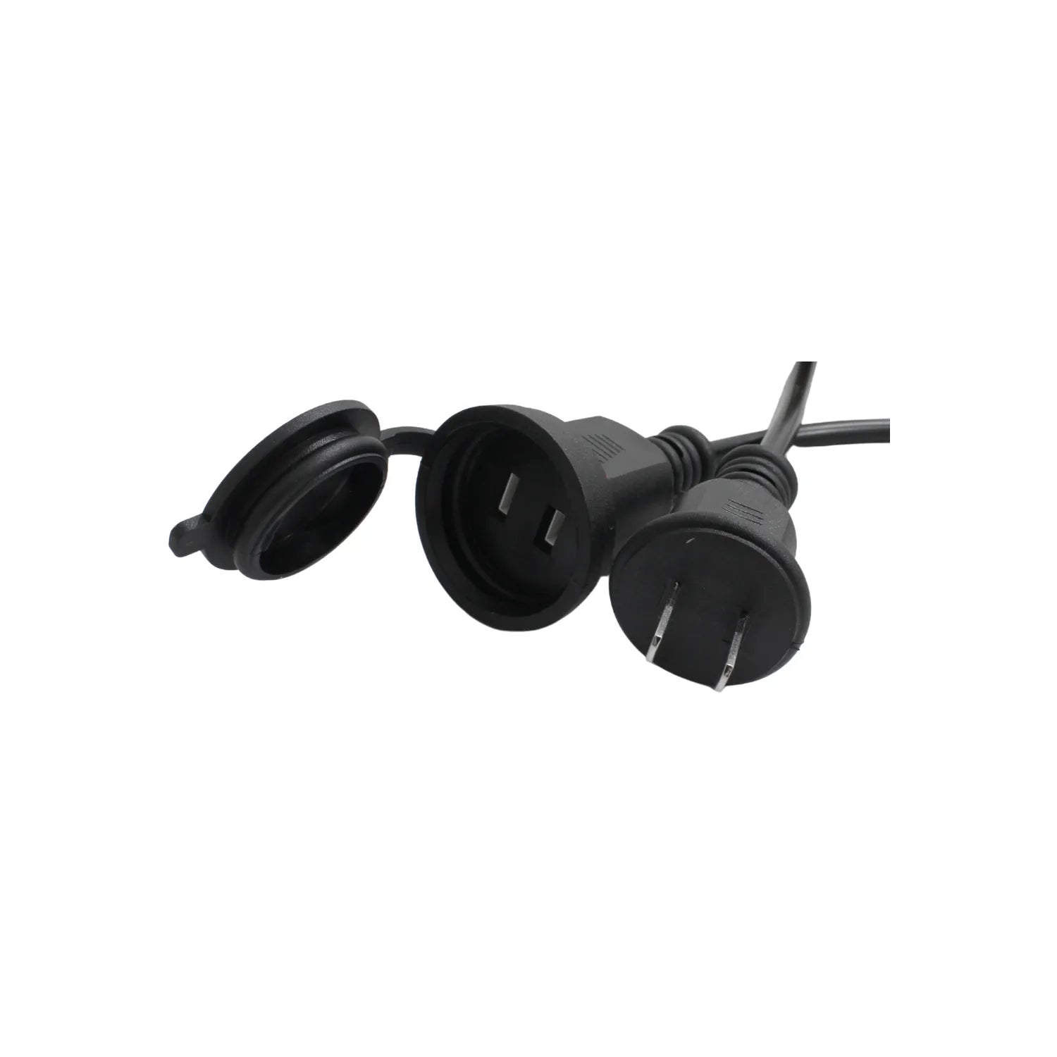 Enchufe macho y hembra negro de 2 polos con tapa protectora para extensión eléctrica de uso exterior