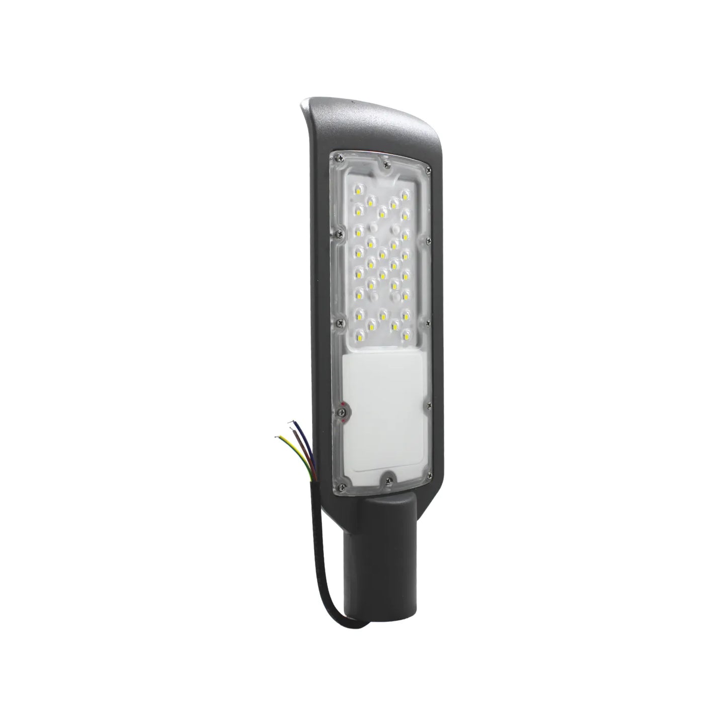 Luminaria LED para alumbrado público vial color gris oscuro con panel de iluminación exterior y soporte para poste.